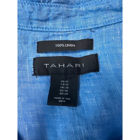 Tahari Womens 100% Linen 3/4 Sleeve With Side Buttons Blue Blouse Size 1X - Picture 6 of 11
